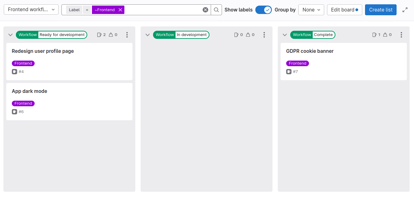 Issue board called "Frontend workflow" with three columns and three issues